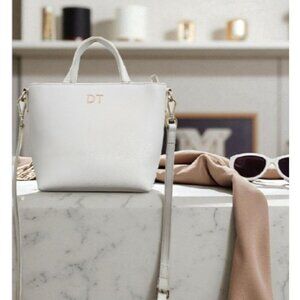 TDE White Structured Leather Tote Bag DT Logo Gold Hardware Crossbody Strap